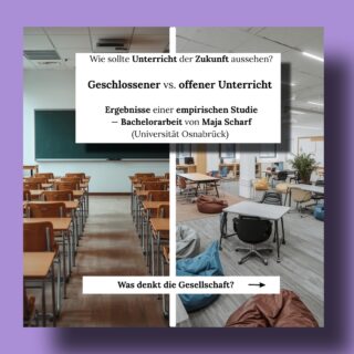 Man könnte meinen, dass die interessierte Öffentlichkeit glaubt, offener Unterricht (z.B. Projektarbeit, Churer Modell, Freiarbeit) würde alle Probleme lösen: er würde zu mehr Gesundheit führen, zu besseren Leistungen ebenfalls. Aber ist das so? - Das wissen wir nicht. Dies lässt sich auch nicht allzu leicht herausfinden. Aber Maja Scharf wollte in ihrer Bachelorarbeit dann mal zumindest herausfinden, was Menschen denken bzw. präferieren. Spannend: Sie findet heraus, dass die 230 Befragten zu offenem Unterricht tendieren. Dies ändert sich, wenn explizit danach gefragt wird, was wohl zu mehr Lernerfolg führt. Zudem findet sie Effekte auf die Präferenz je nach Geschlecht und Job: Frauen und Menschen, die in der Schule arbeiten, tendieren eher zu offenem Unterricht. 

Die Darstellungen und die Aussagen darin sind von Maja Scharf, Lehramtsstudentin @uniosnabrueck 

#instalehrerzimmer @schulpaedagogik_osna